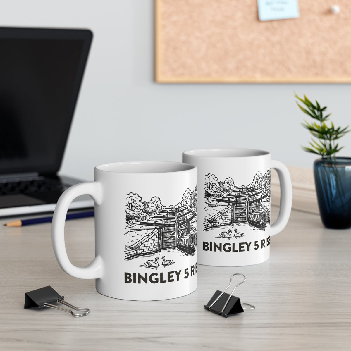 Bingley 5 Rise Locks Canal White Mug — Narrowboat & Historic Lock Illustration Coffee CuP