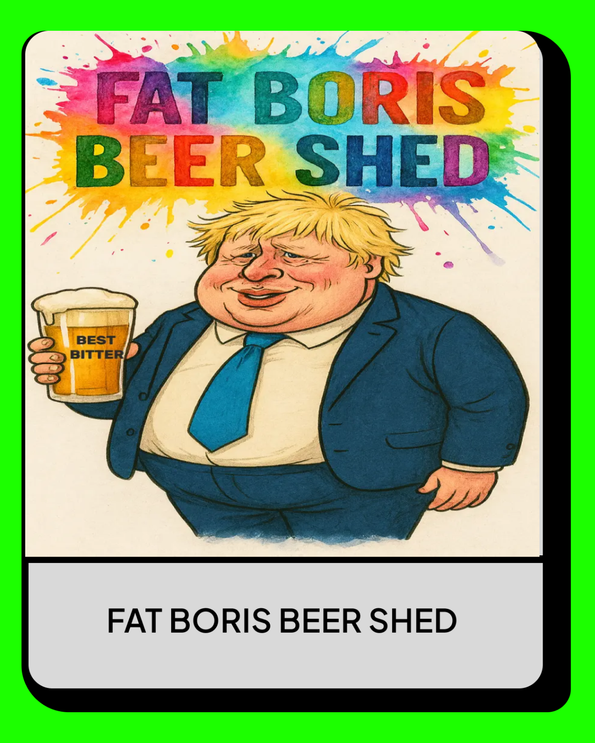 Fat Boris Beer Shed,  Fat Boris graphic holding a pint of beer