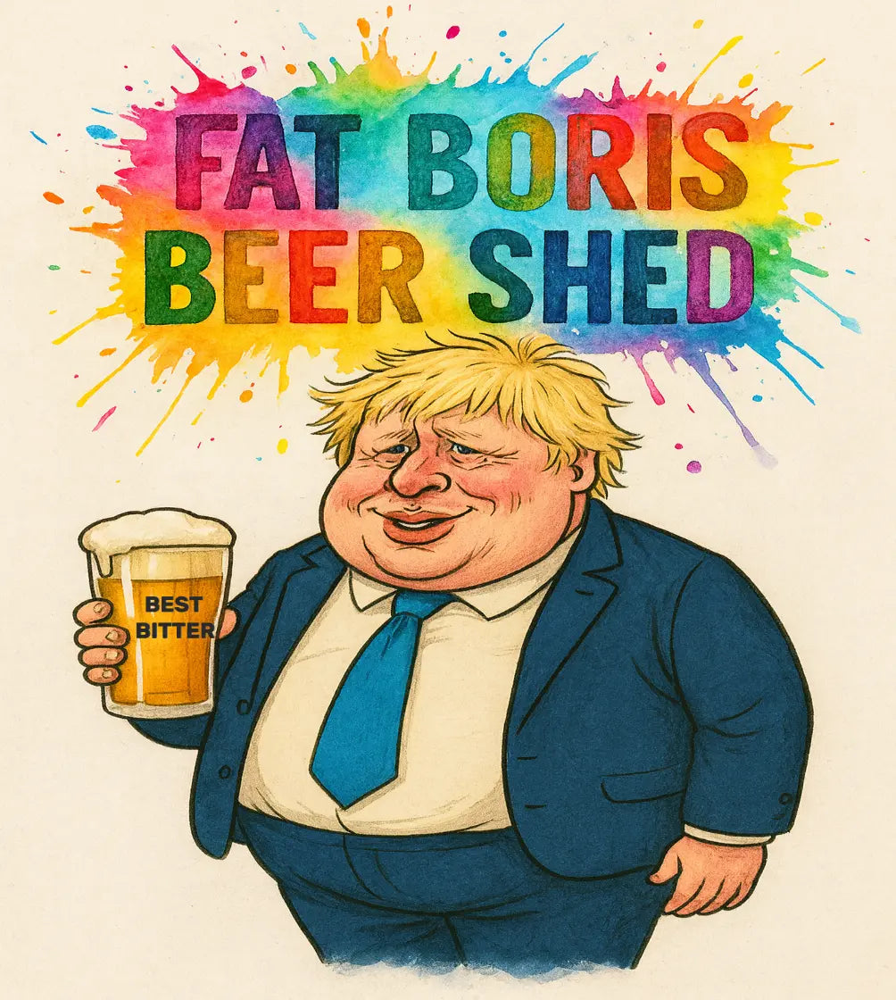 Fat Boris Fat Beer Shed,  Fat Boris graphic holding a pint of beer