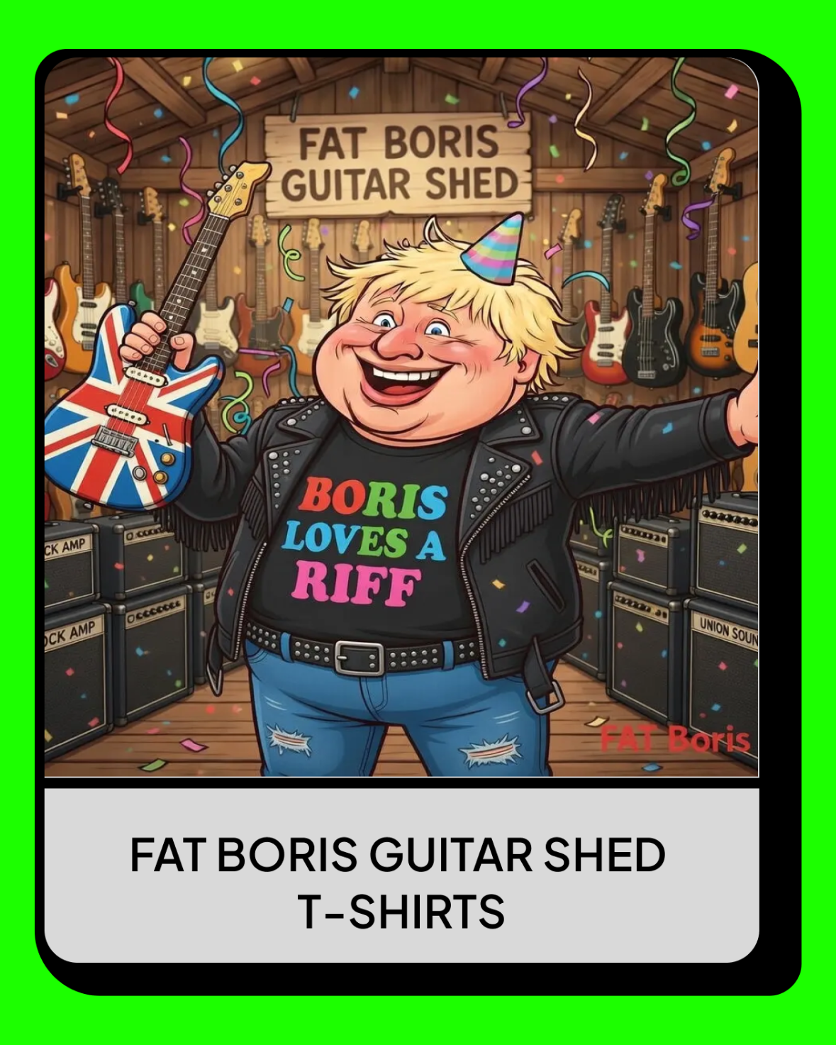 Fat Boris Guitar Shed graphic in a shed with guitars hanging on the walls