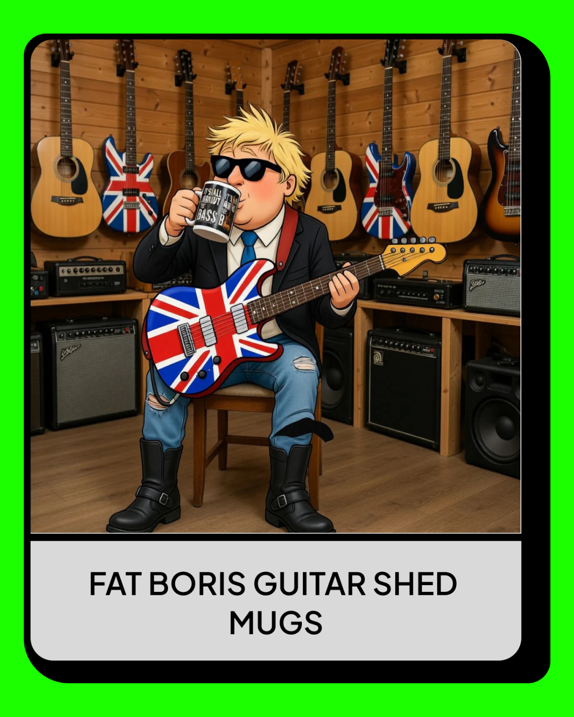 Fat Boris in the guitar shed drinking coffee from bass guitar graphic coffee mug