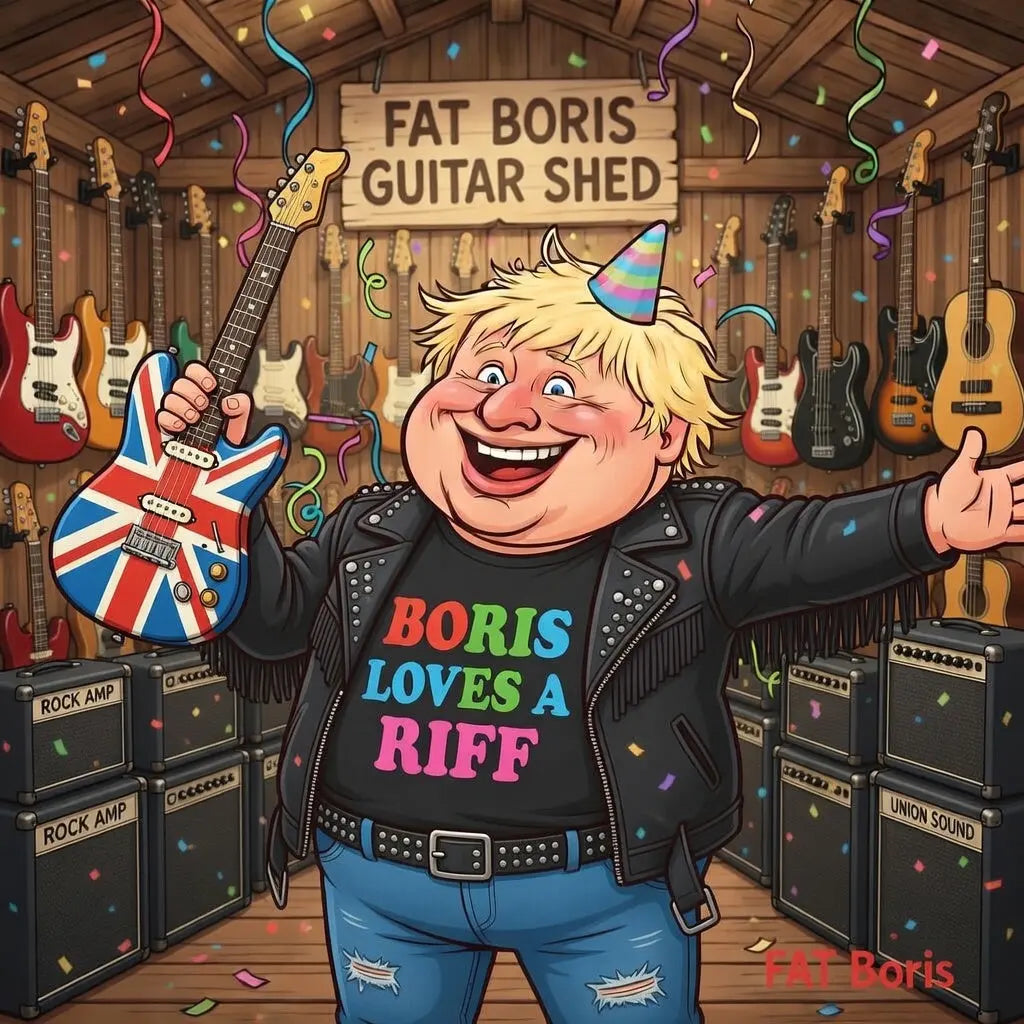 Fat Boris Guitar Shed graphic in a shed with guitars hanging on the walls