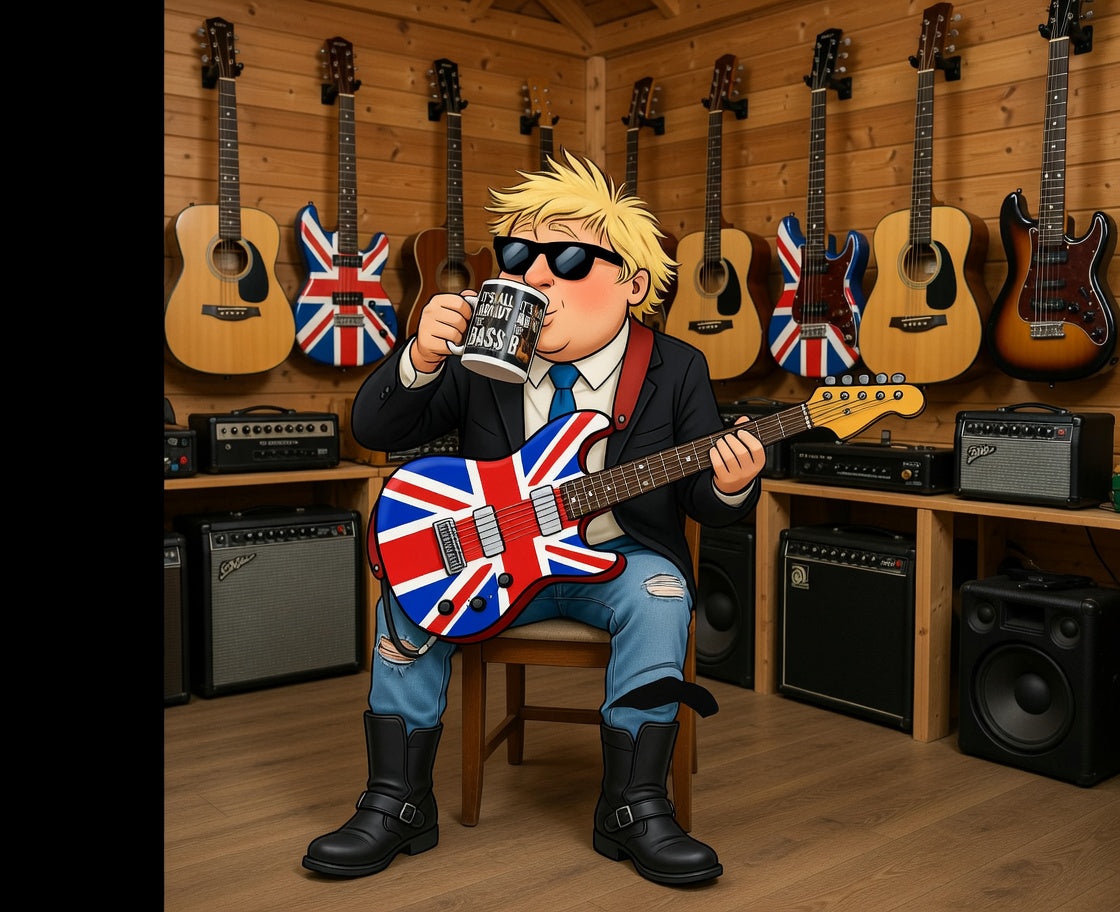 Fat Boris in the guitar shed drinking coffee from bass guitar graphic coffee mug