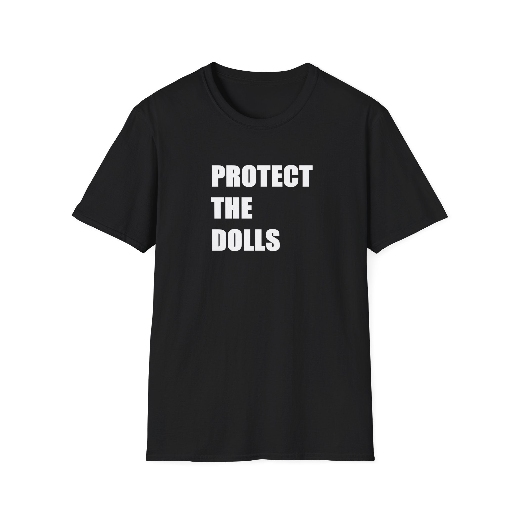 Black t-shirt with 'PROTECT THE DOLLS' text on a white background