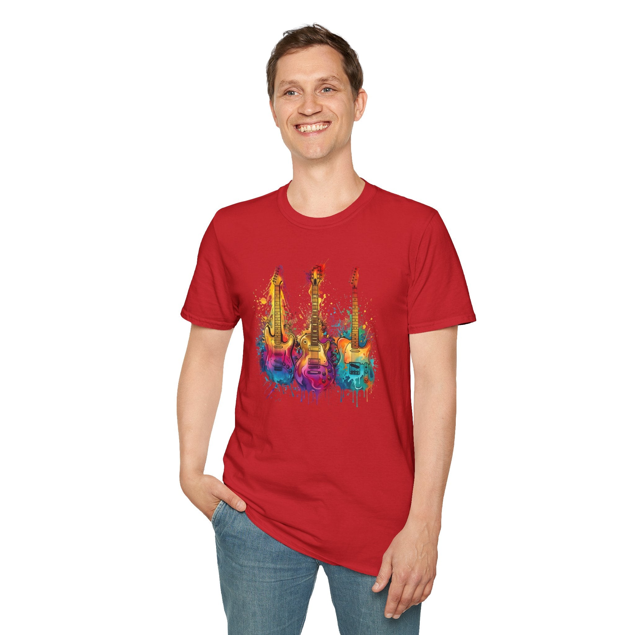 Vivid Paint Splash Design Three Guitars Trio T-Shirt — Colourful  Musical Instrument Tee