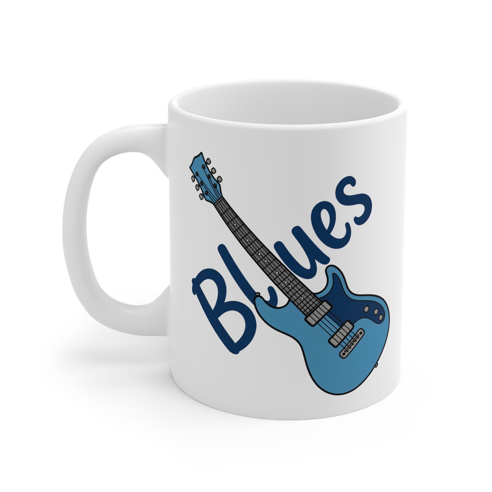 White mug with blue electric guitar design and 'Blues' text on a white background
