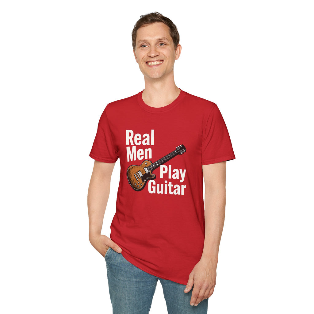 Person wearing a red t-shirt with a guitar graphic and text on a white background