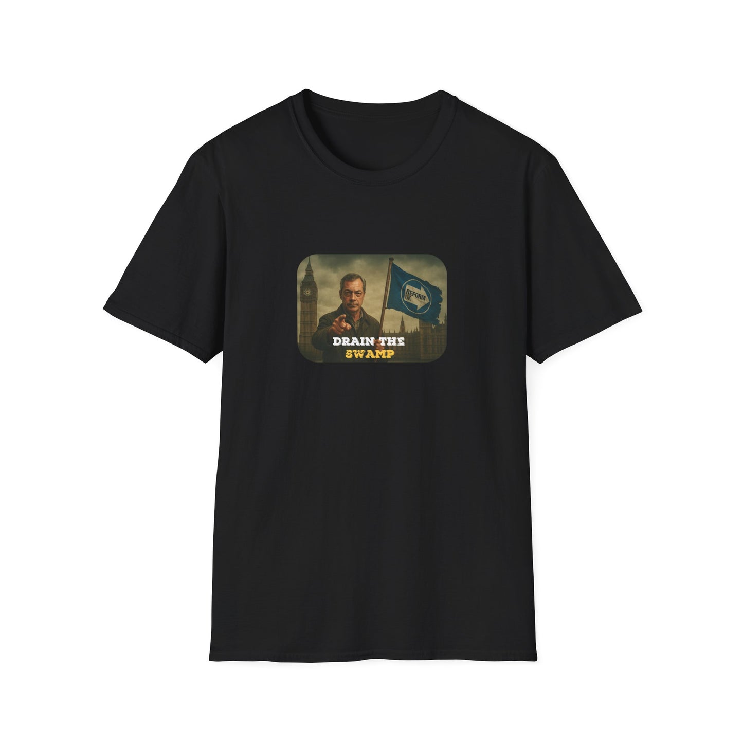  Fat Boris design – Drain the Swamp, a dystopian political protest print black T-shirt outside the houses of parliament