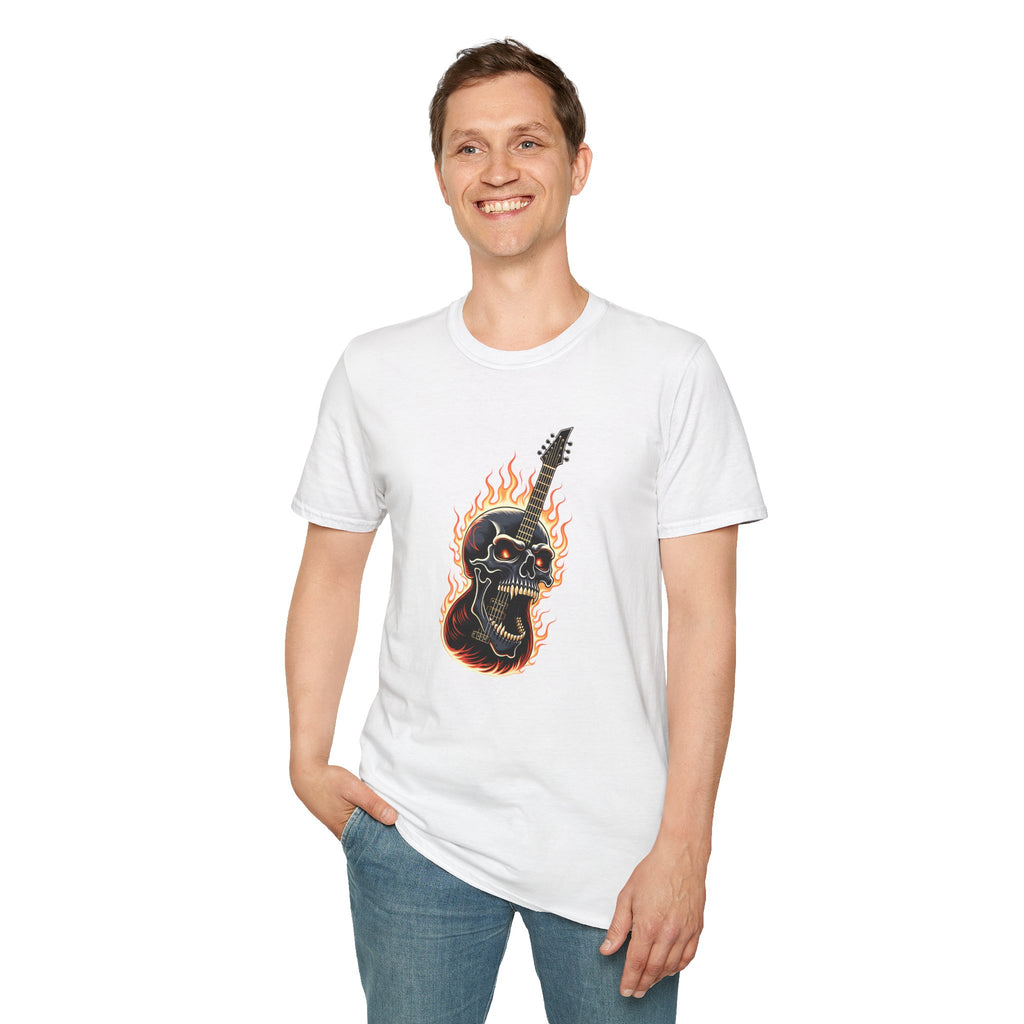 Person wearing a white t-shirt with a guitar and skull design on a white background