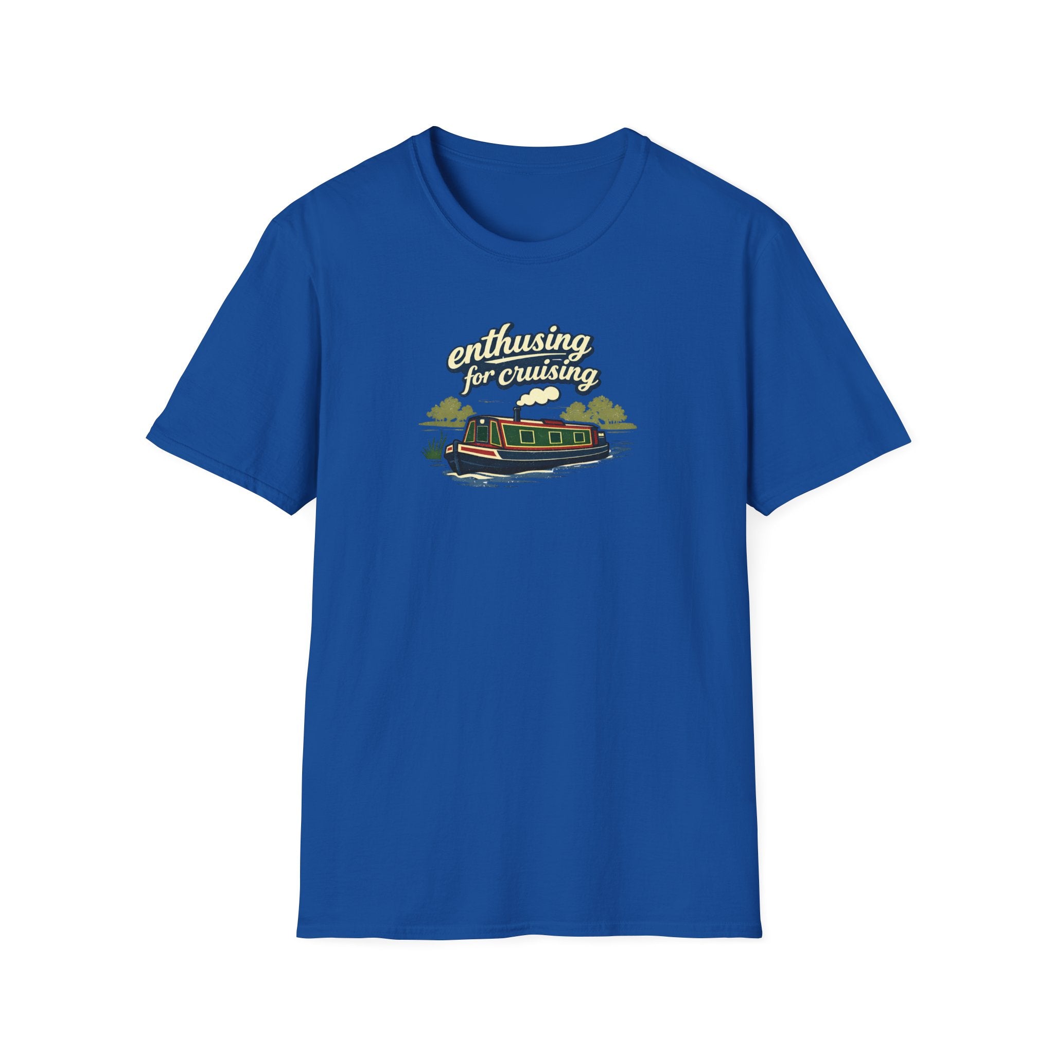 blue t-shirt with a graphic design of canal narrow boat text enthusing for cruising