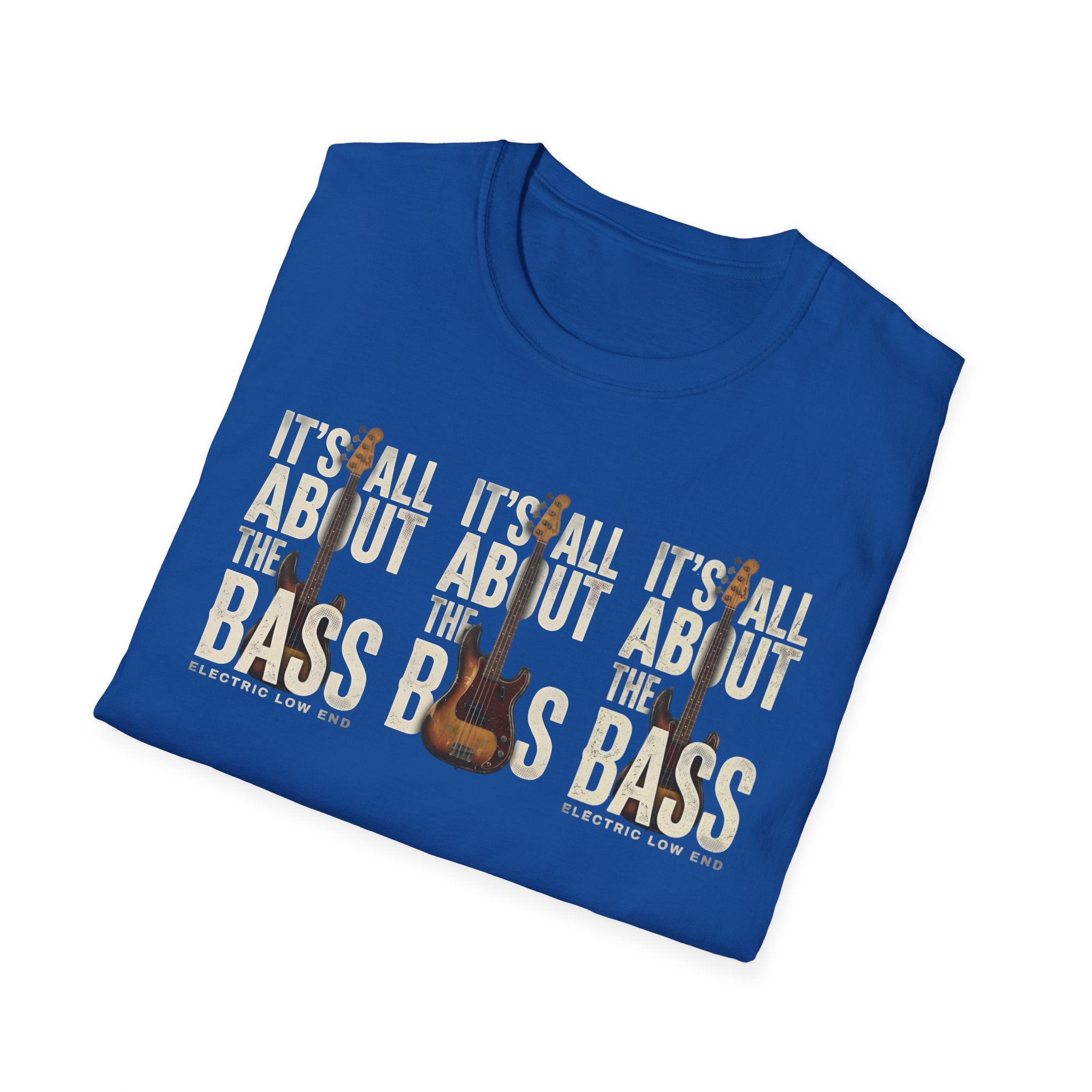 Folded blue t-shirt with bass guitar graphic and text on a white background
