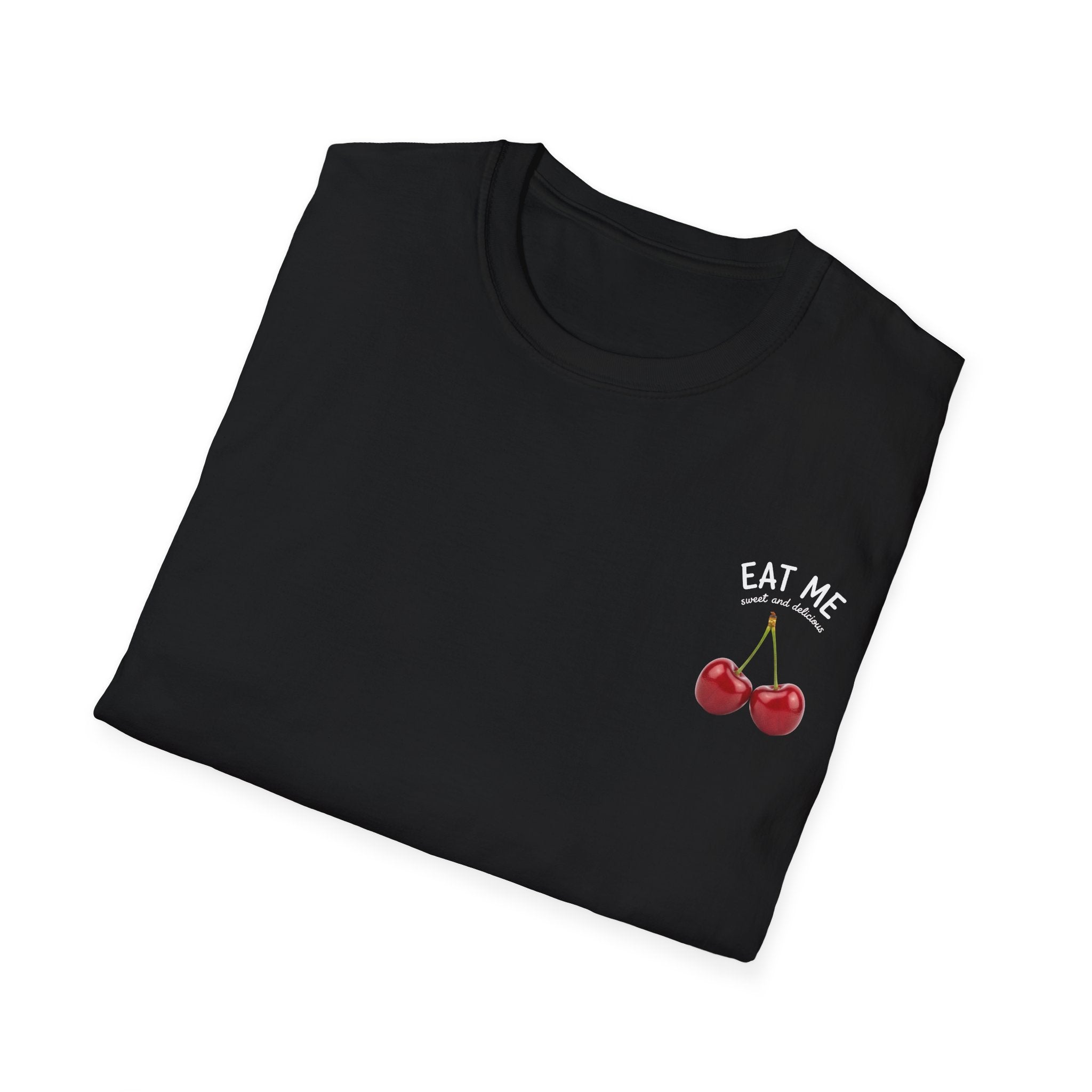 Folded black t-shirt with cherry graphic and text on a white background