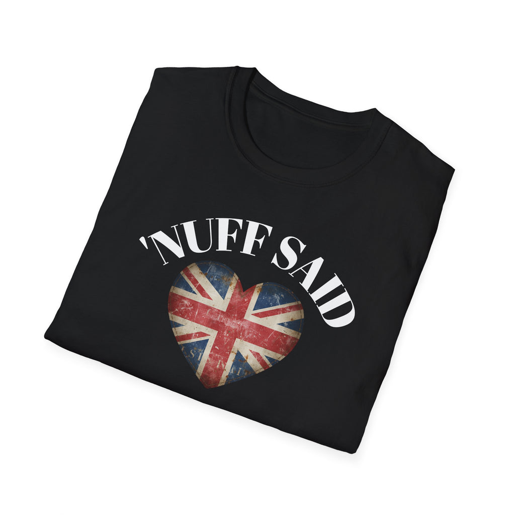 Black sweatshirt with 'Nuff Said' and a heart-shaped British flag design on a white background