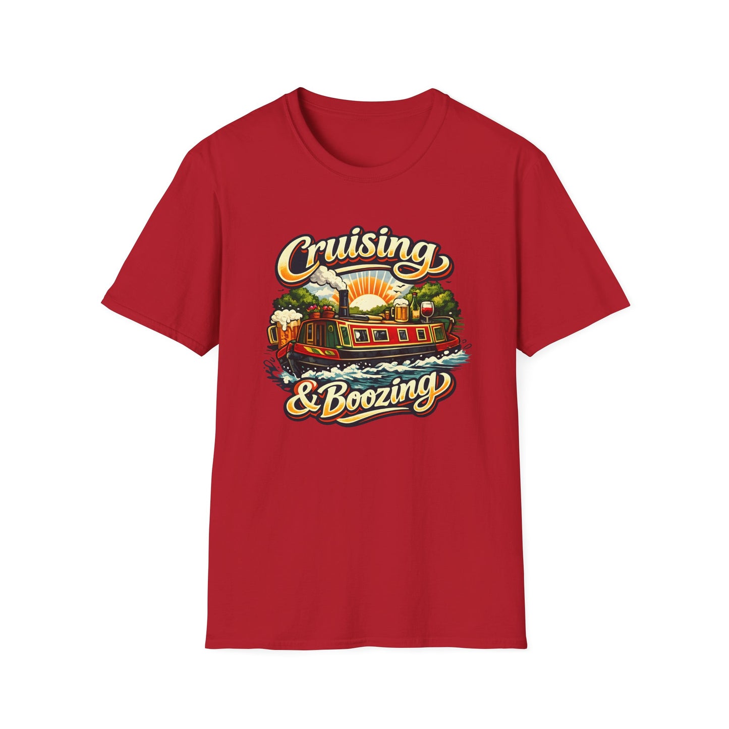 Red t-shirt with 'Cruising & Boozing' graphic design on a white background
