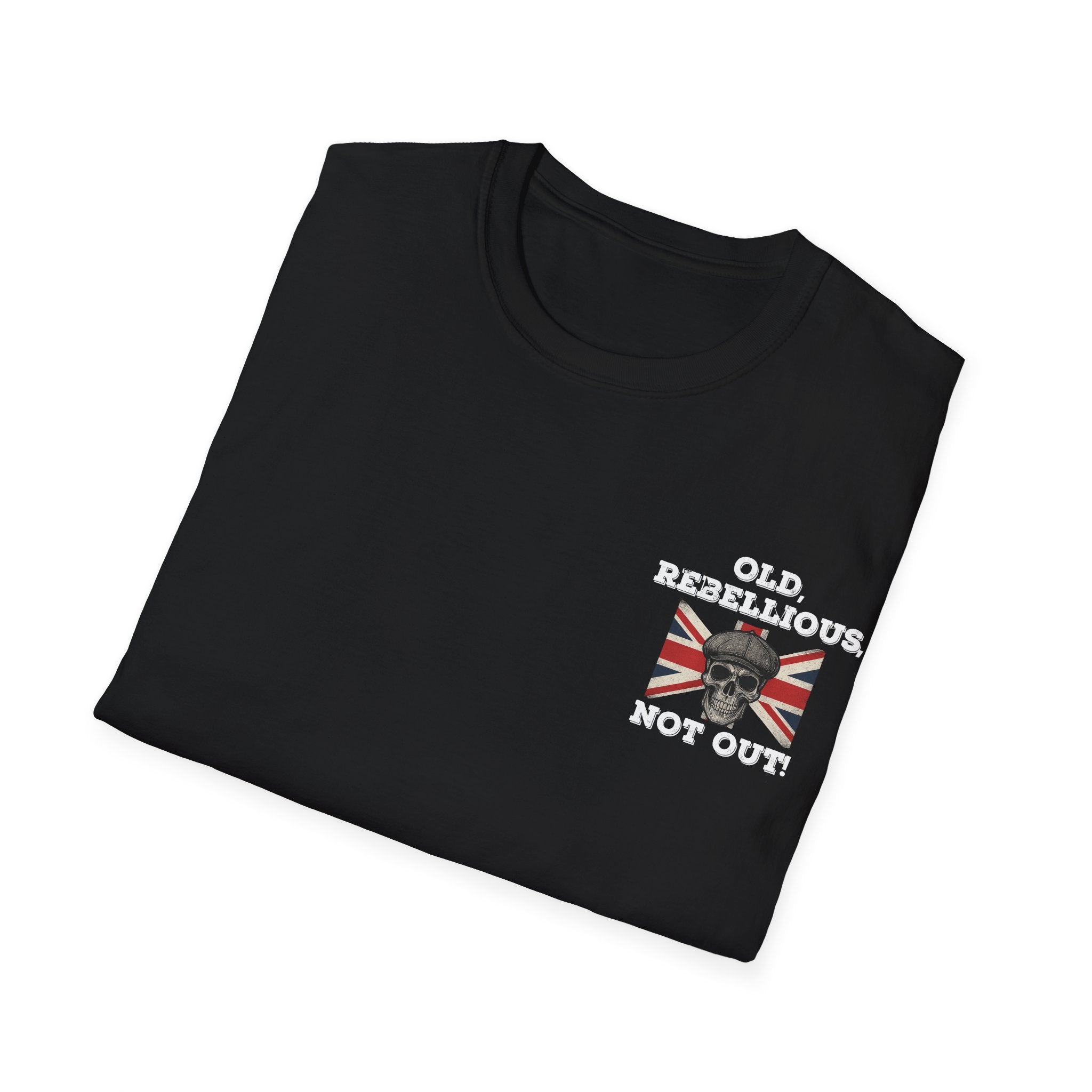 Folded black t-shirt with skull and crossbones design and text on a white background