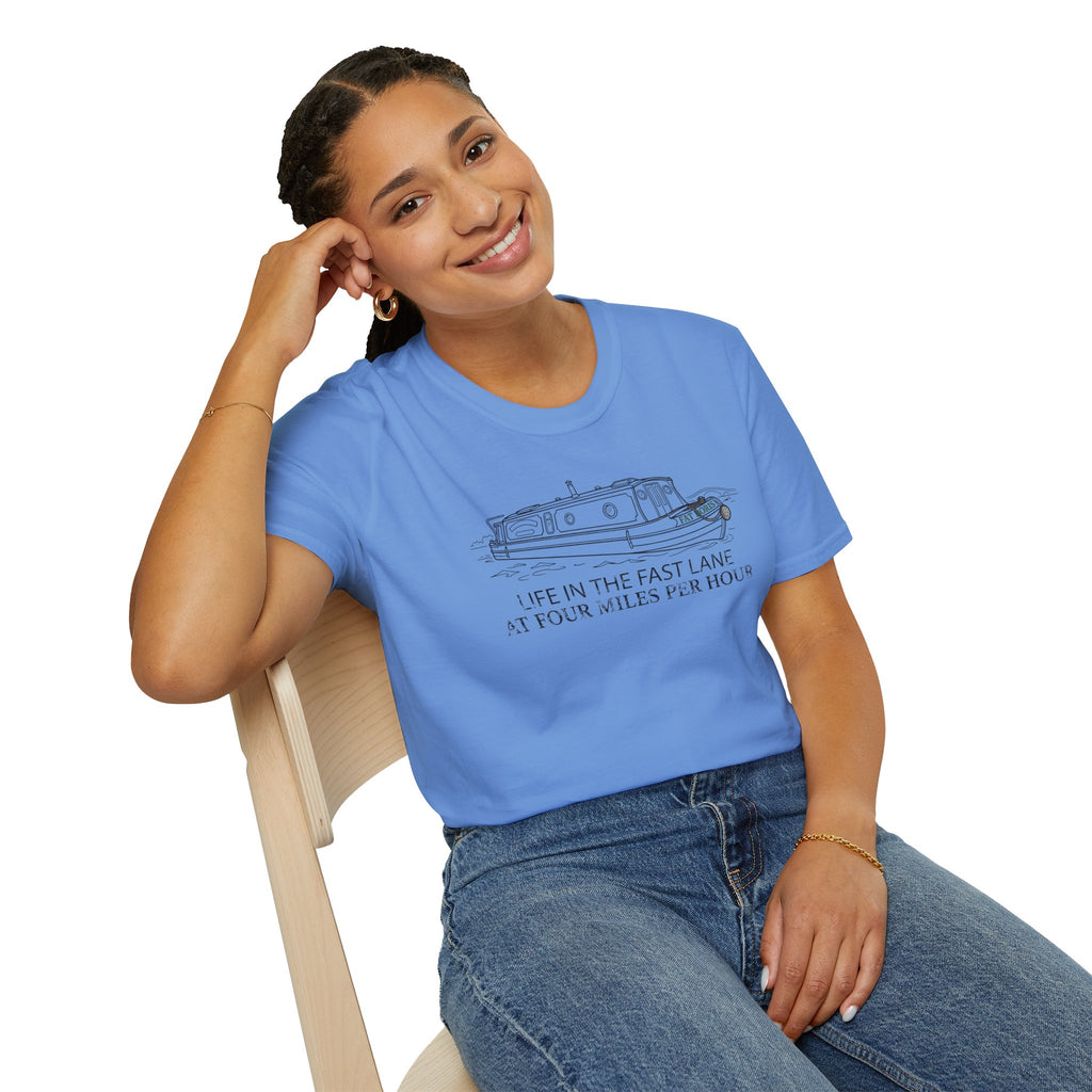 Fat Boris Canal Boat T-Shirt — "Life in the Fast Lane at Four Miles Per Hour" Vintage Narrowboat Tee
