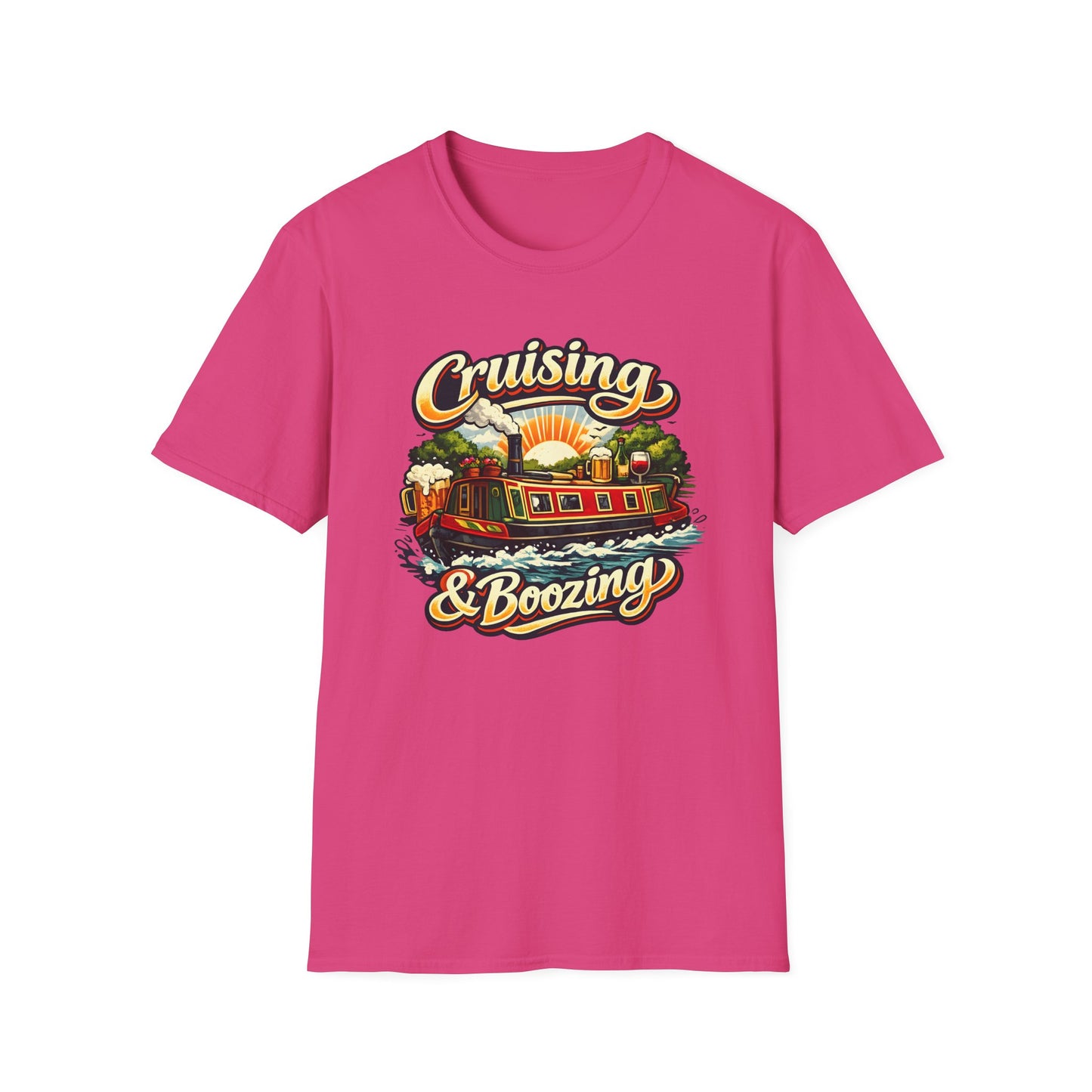 Pink t-shirt with 'Cruising & Boozing' graphic design on a white background