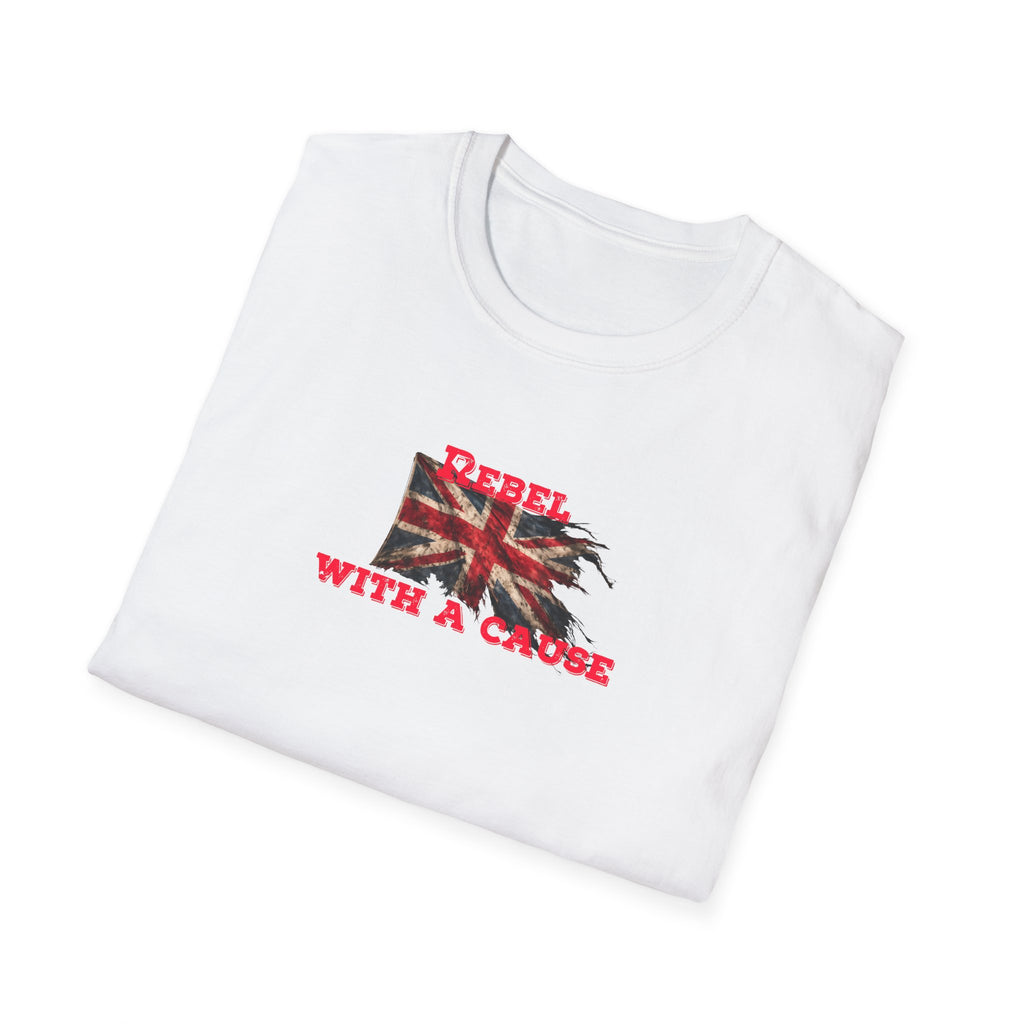 White t-shirt with a Union Jack design and 'Rebel with a Cause' text on a white background