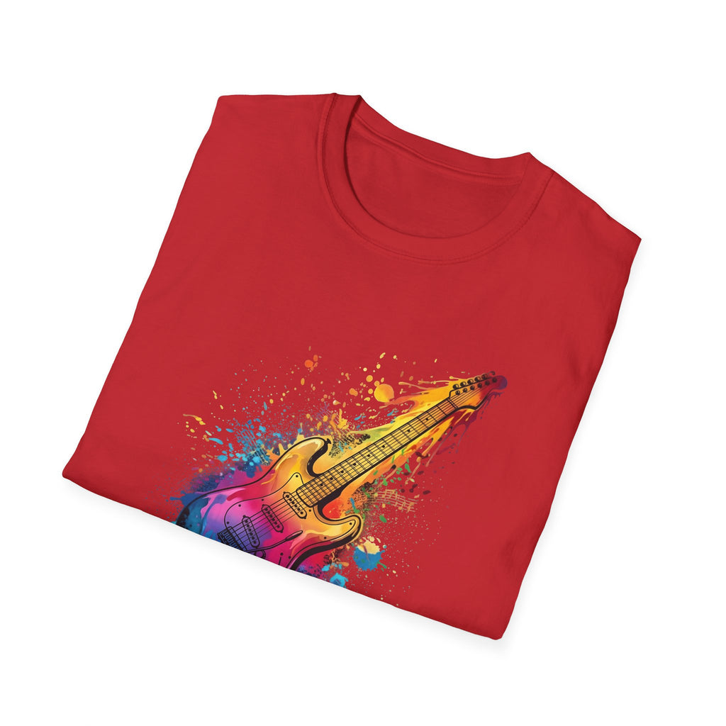 Folded red t-shirt with a colorful guitar graphic on a white background