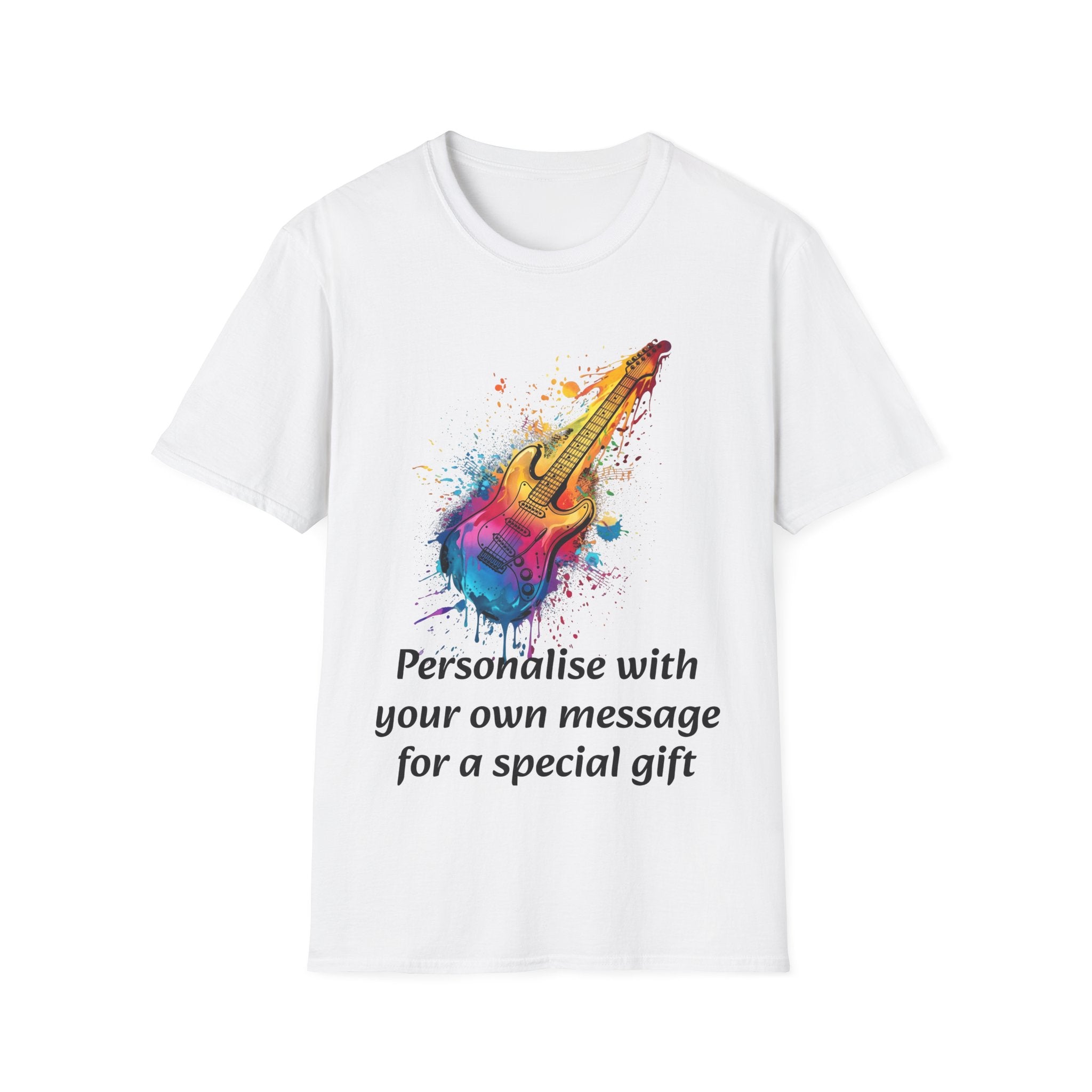 Personalised Colourful  Guitar  DESIGN T-Shirt — Custom Message Music Tee 