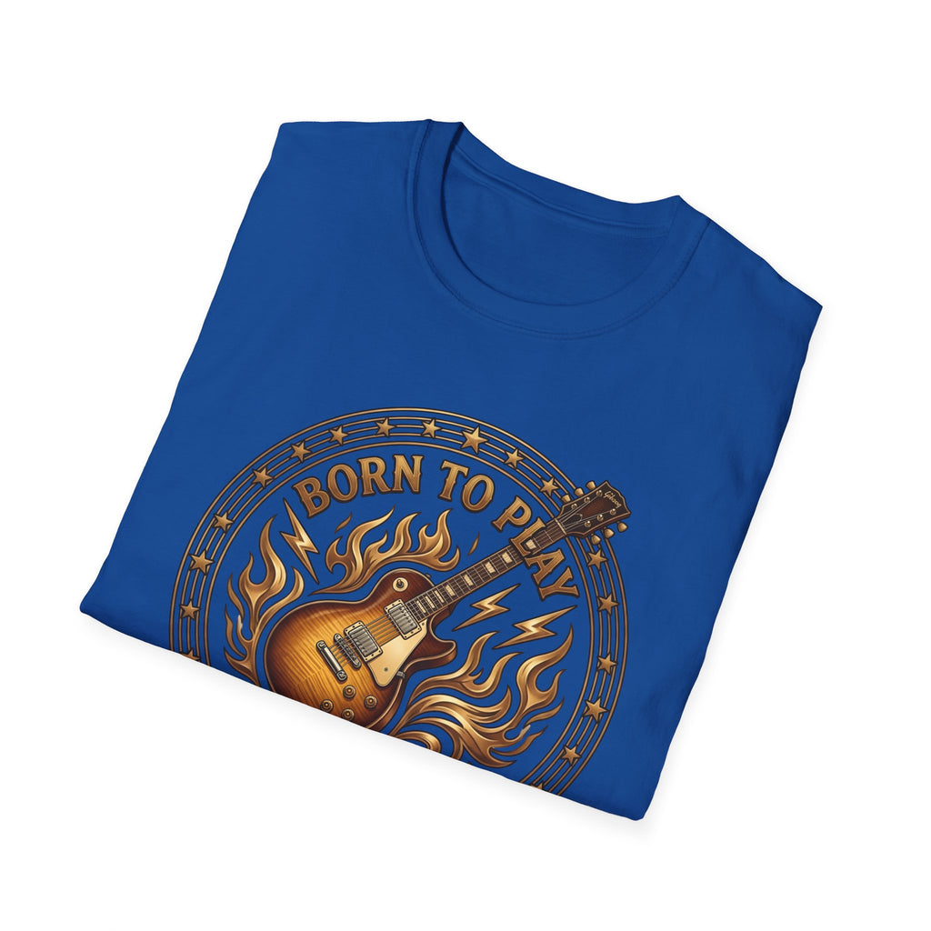 Folded blue t-shirt with a guitar graphic and 'Born to Play' text on a white background