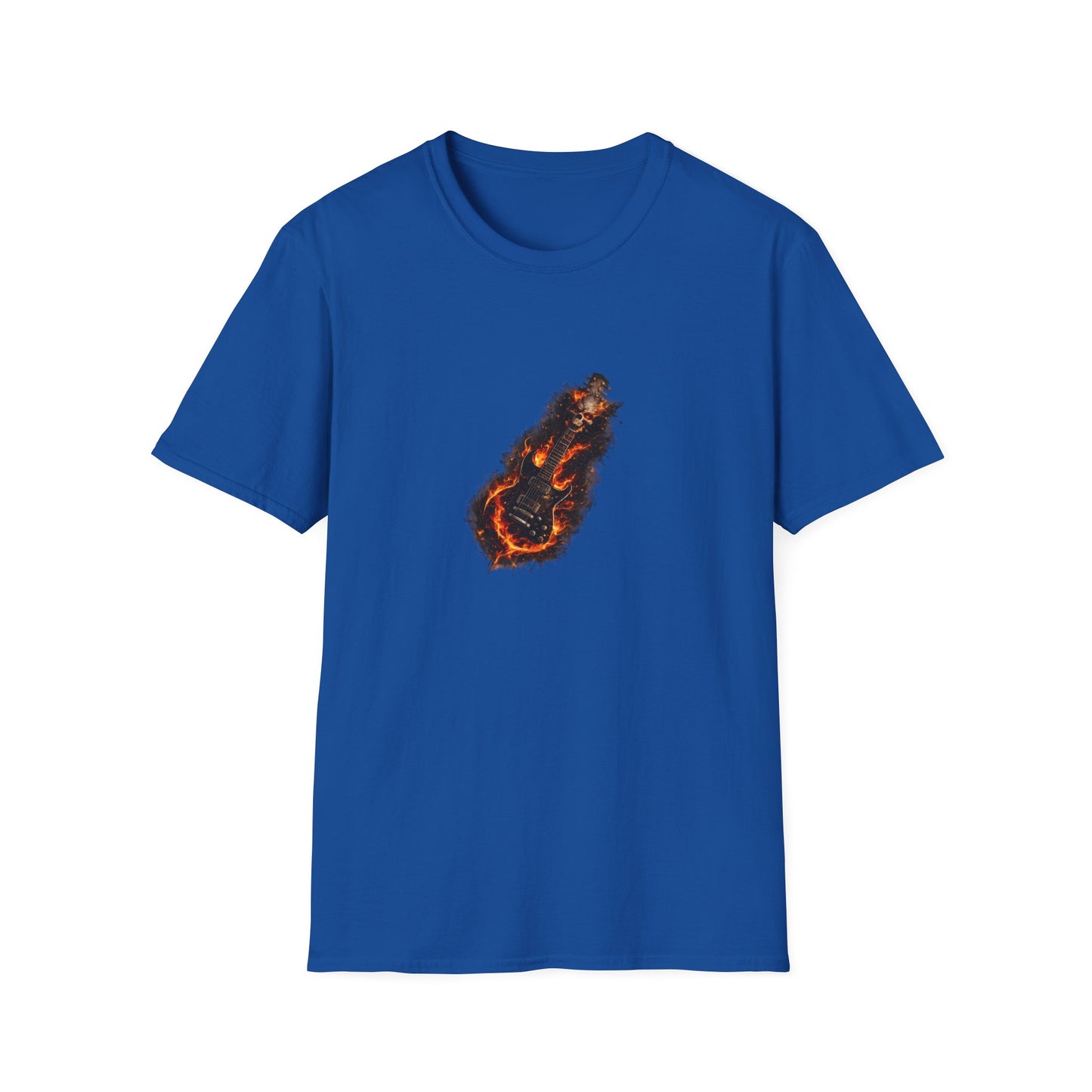 Flaming skull guitar heavy metal design with fire flames wrapping around electric guitar body
