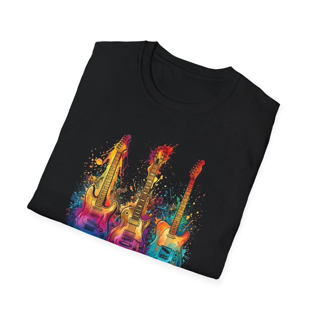 Vivid Paint Splash Design Three Guitars Trio T-Shirt — Colourful  Musical Instrument Tee