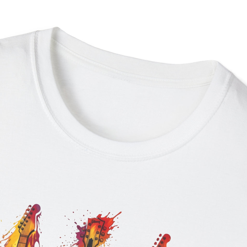 Vivid Paint Splash Design Three Guitars Trio T-Shirt — Colourful  Musical Instrument Tee