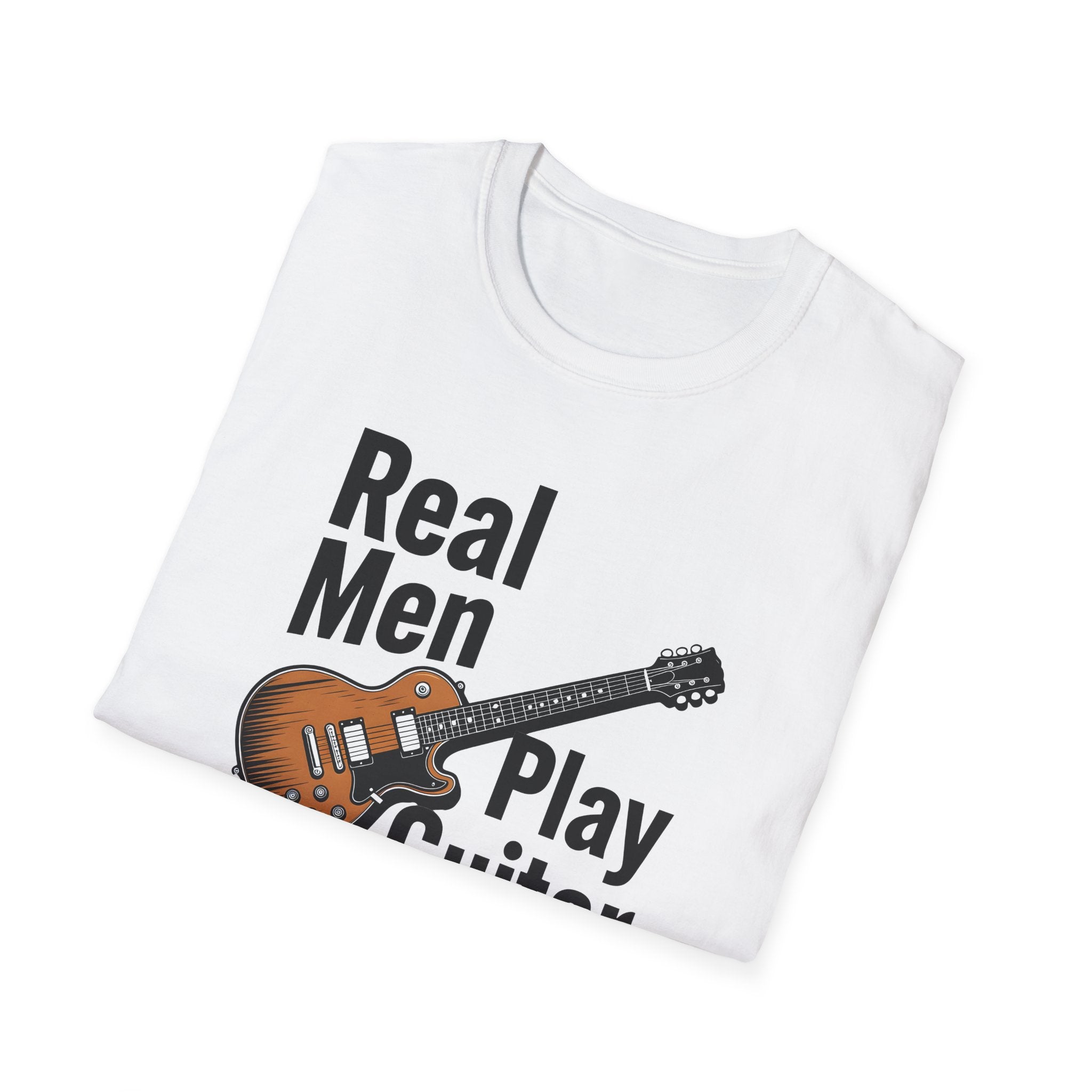 White t-shirt with guitar graphic and text 'Real Men Play Guitar' on a white background
