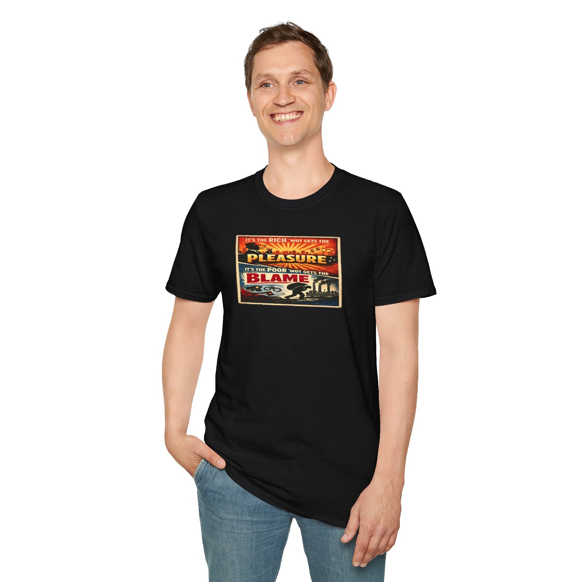 Black T-Shirt — Vintage "it's the rich 'wot gets the pleasure, it's the poor 'wot gets the blame