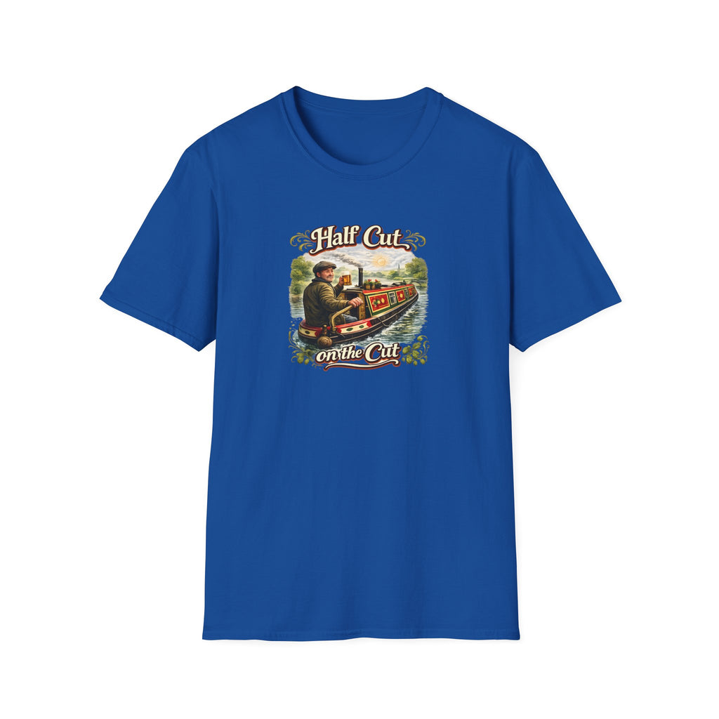 Blue t-shirt with a graphic design of a man on a boat and text 'Half Cut on the Cut' on a white background.