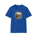 Blue t-shirt with a graphic design of a man on a boat and text 'Half Cut on the Cut' on a white background.