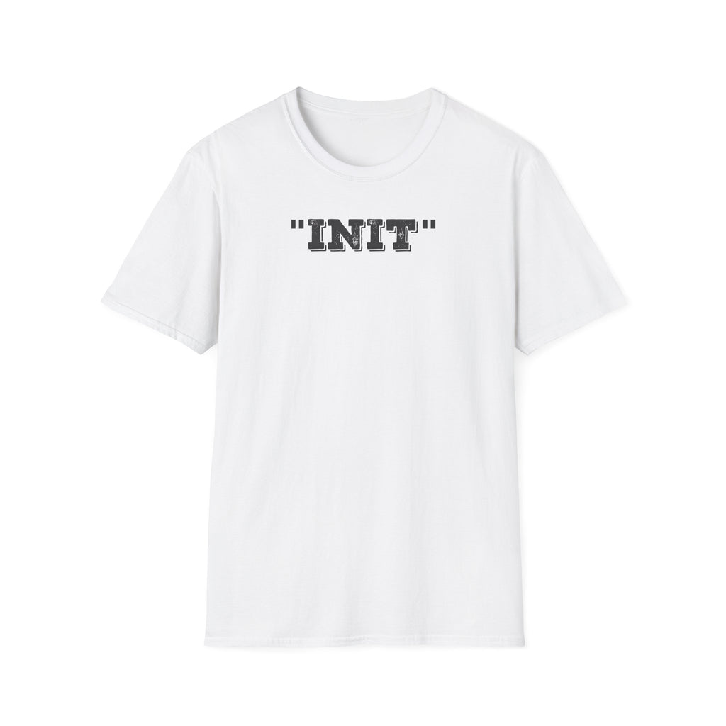 White t-shirt with 'INIT' text on a white background