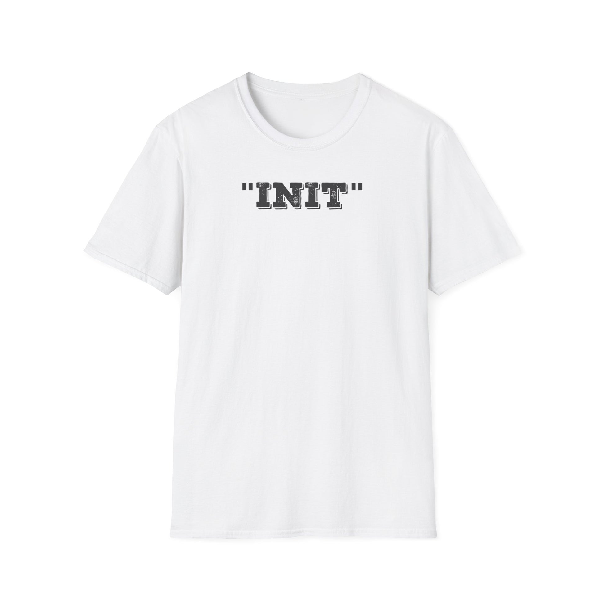 White t-shirt with 'INIT' text on a white background