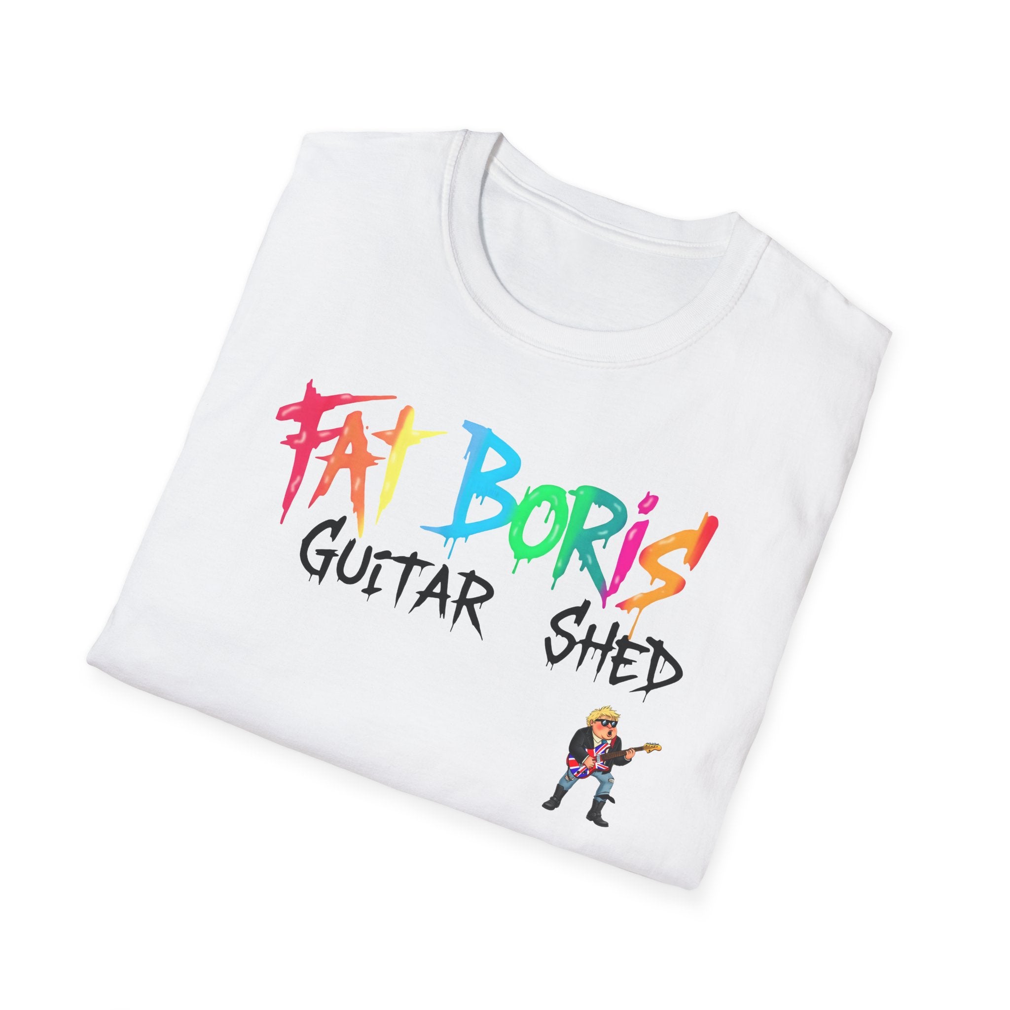 White t-shirt with colorful text and graphic on a white background