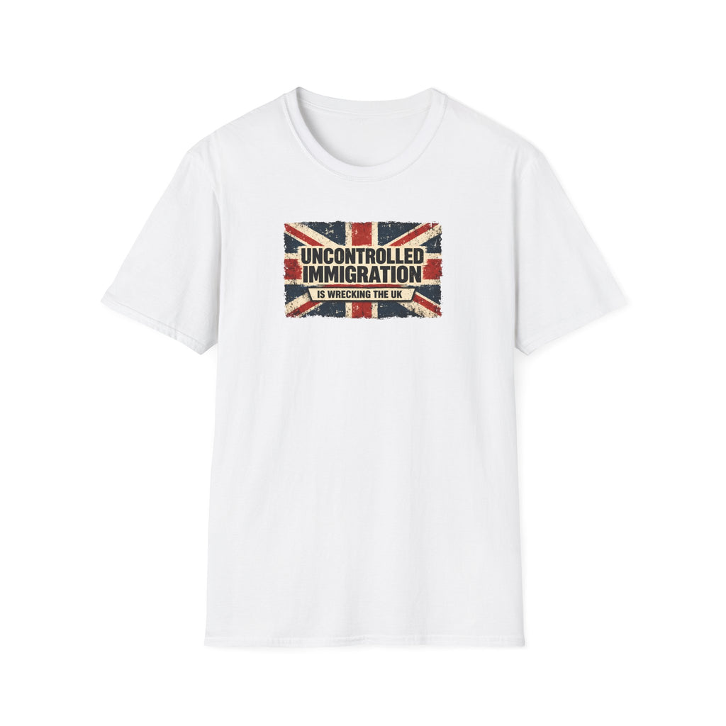 White t-shirt with a Union Jack design and text on a white background