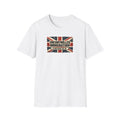 White t-shirt with a Union Jack design and text on a white background