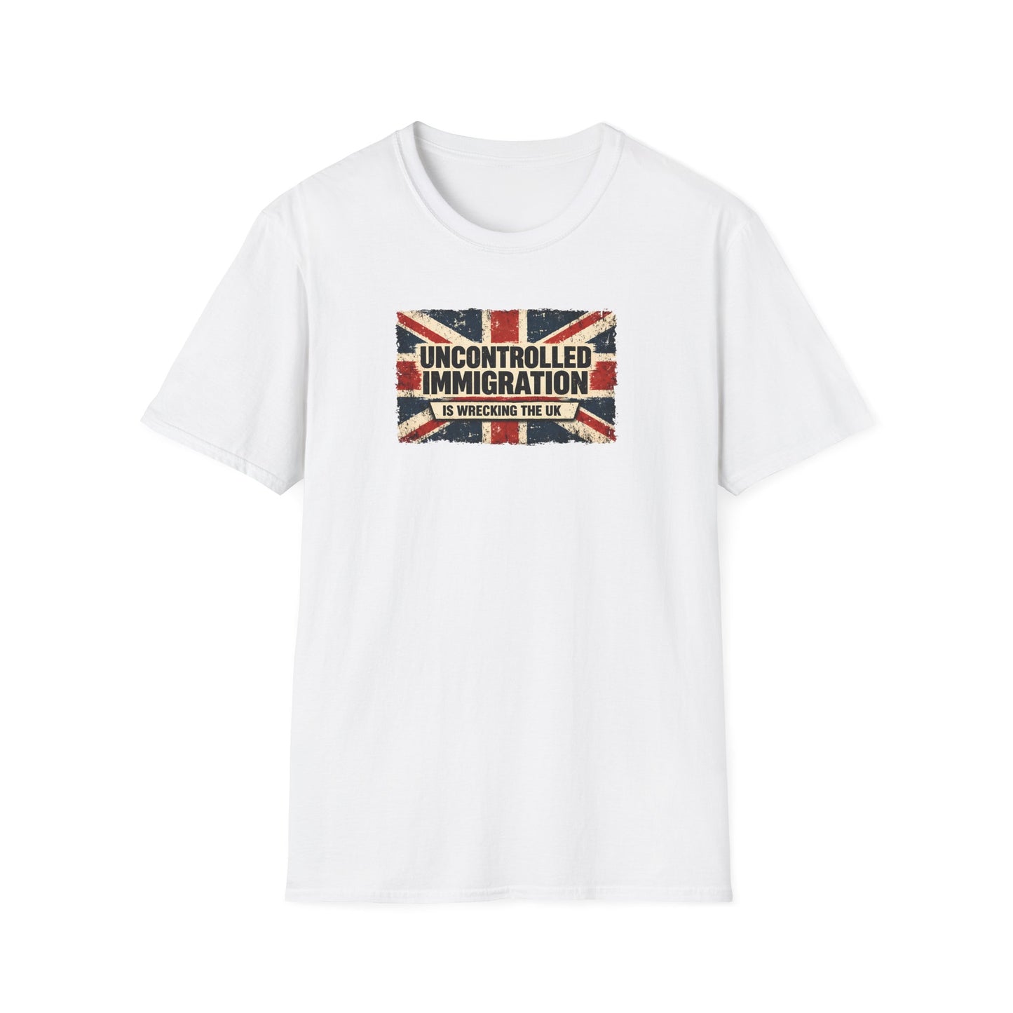 White t-shirt with a Union Jack design and text on a white background