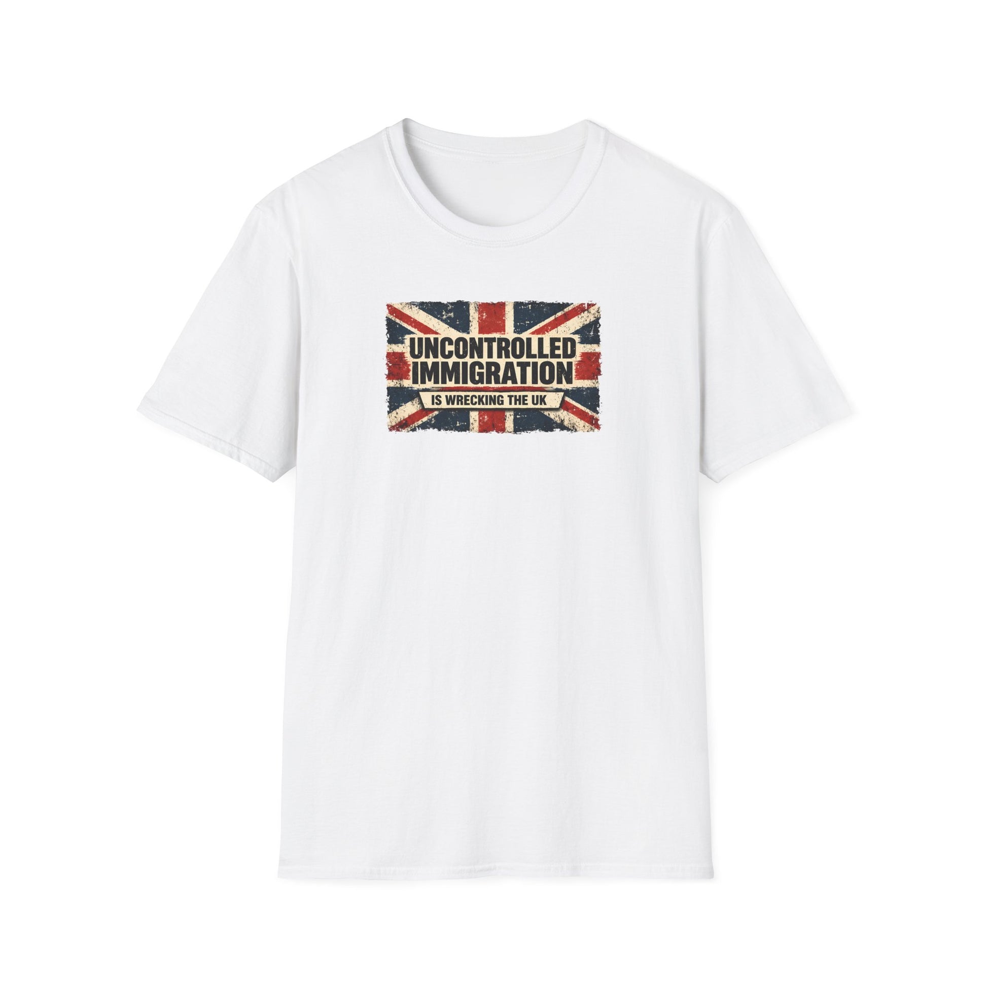 White t-shirt with a Union Jack design and text on a white background