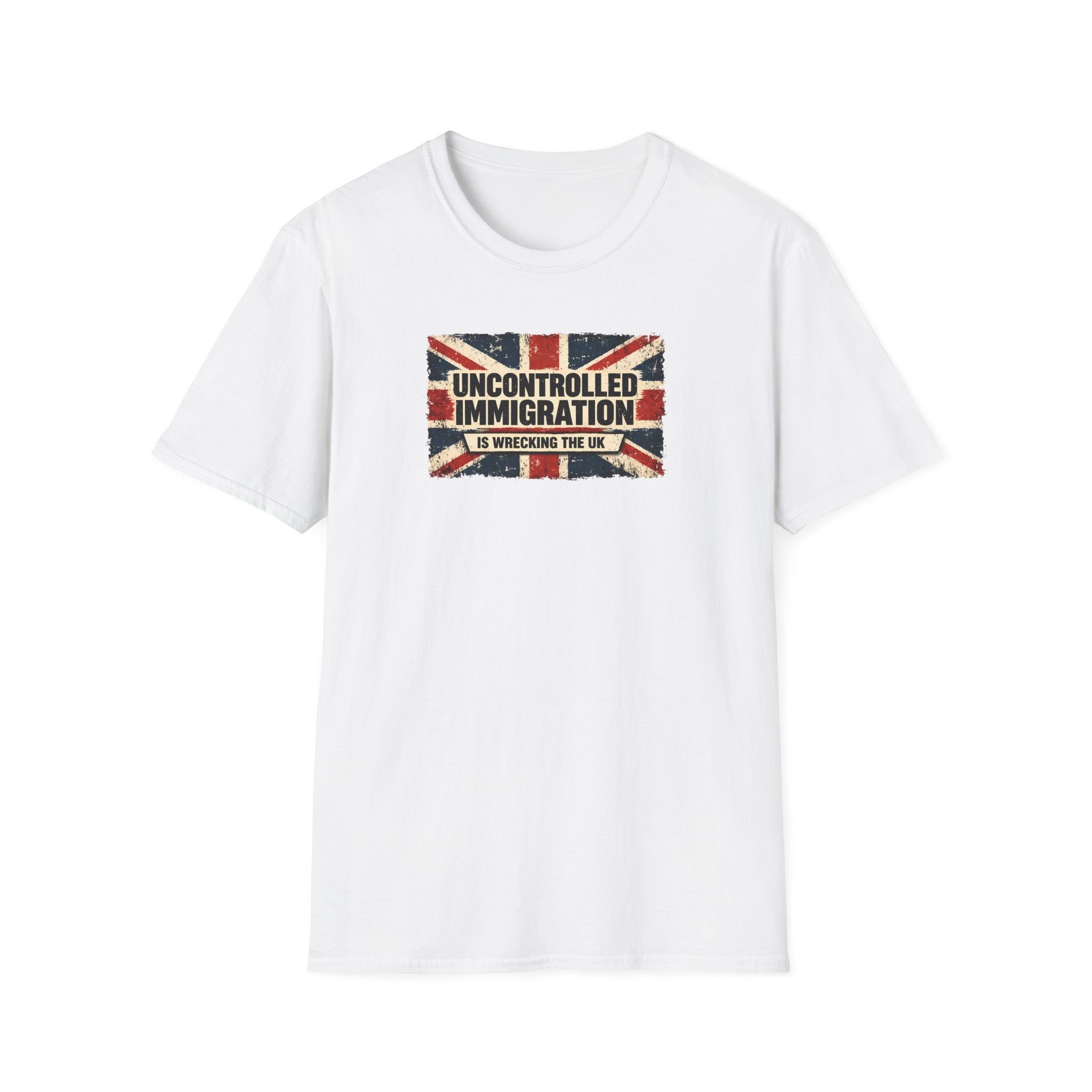 White t-shirt with a Union Jack design and text on a white background