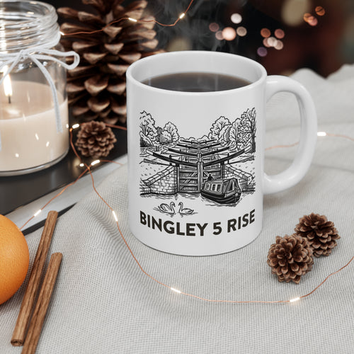 Bingley 5 Rise Locks Canal  White Mug — Narrowboat & Historic Lock Illustration Coffee Cu