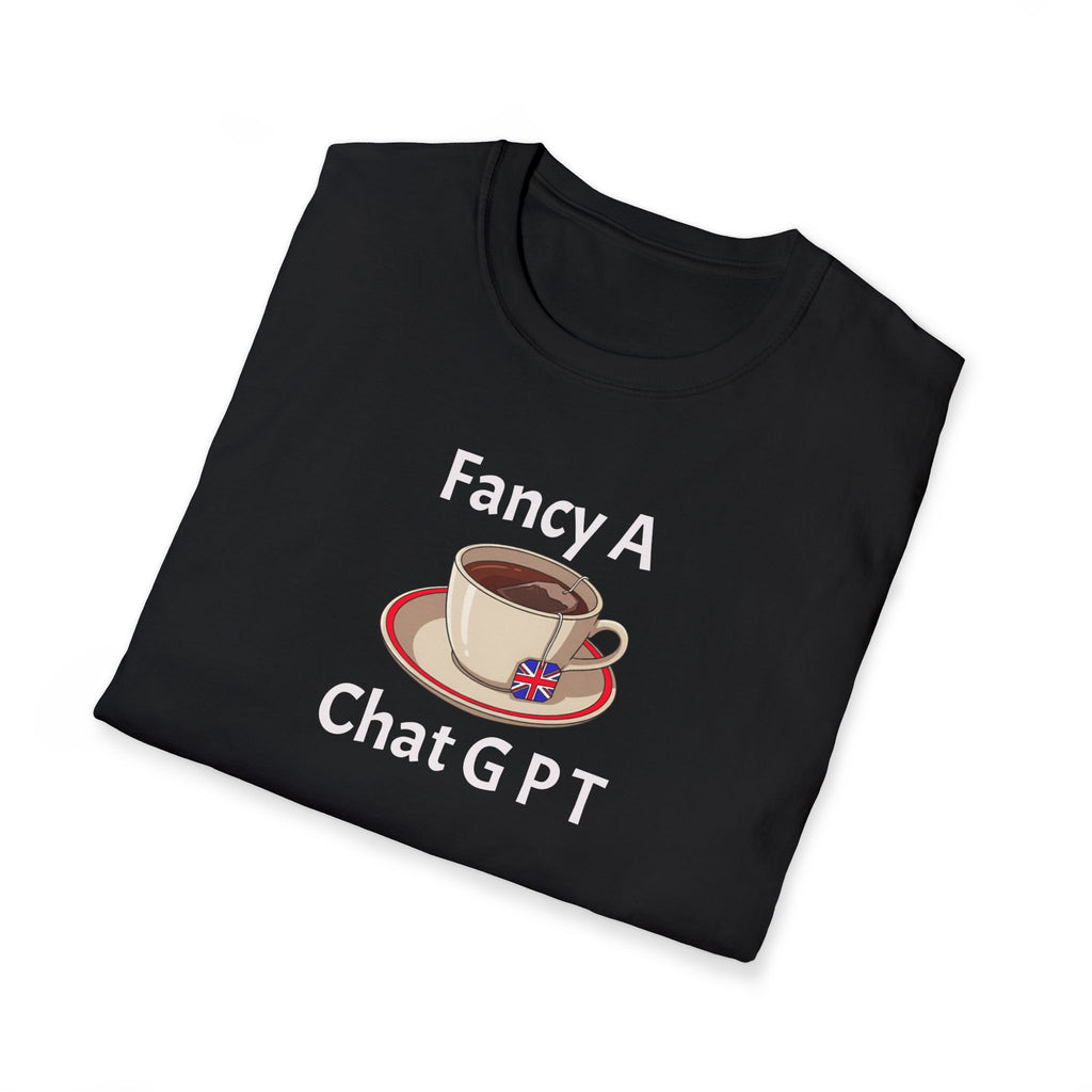 Folded black t-shirt with a graphic of a coffee cup and saucer on a white background with text "fancy a ChatGPT"