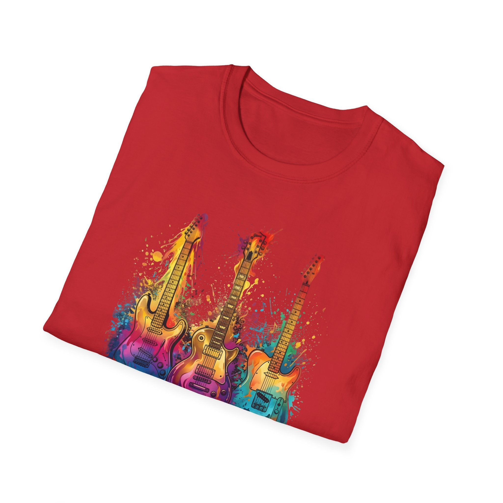 Vivid Paint Splash Design Three Guitars Trio T-Shirt — Colourful  Musical Instrument Tee