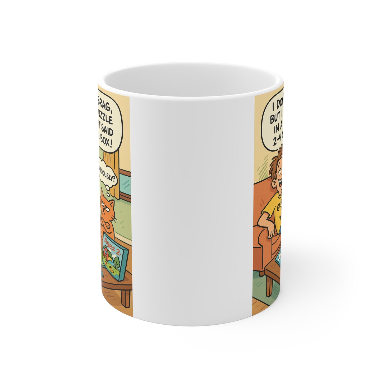 Mug with a cartoon design of a man and cat playing with a  jigsaw puzzle, featuring humorous text.