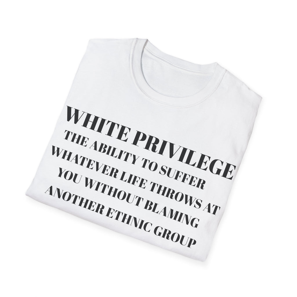 Folded White t-shirt with black text white privilege on a white background