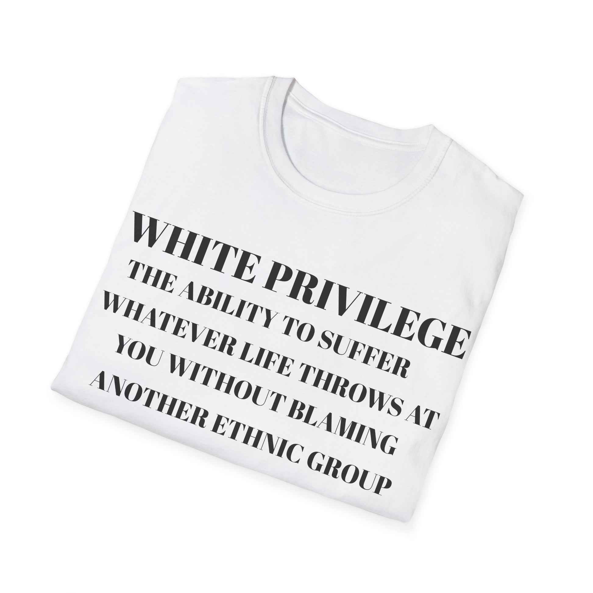 Folded White t-shirt with black text white privilege on a white background