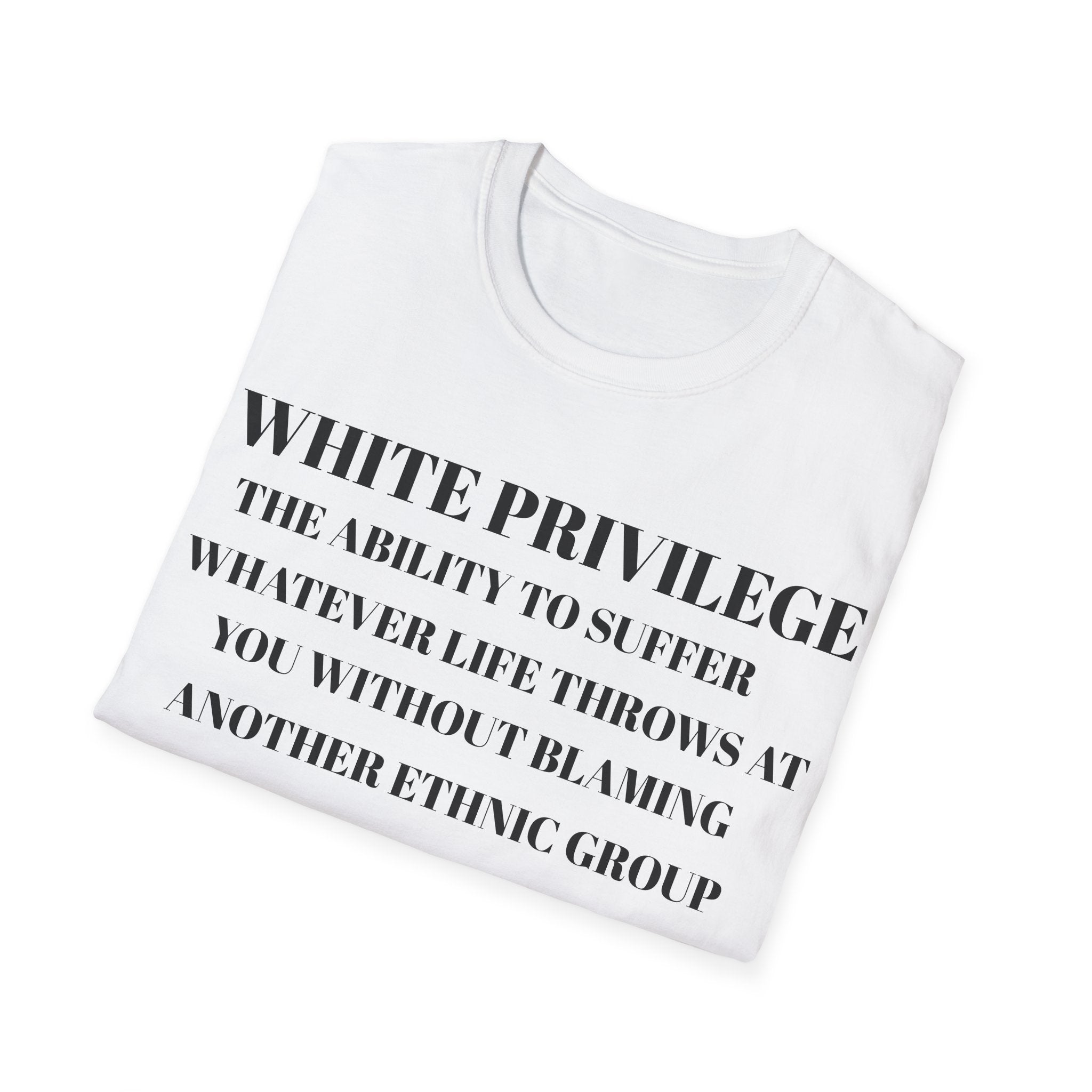 Folded White t-shirt with black text white privilege on a white background