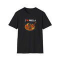 Black t-shirt with 'I ❤️ Paella' design on a white background