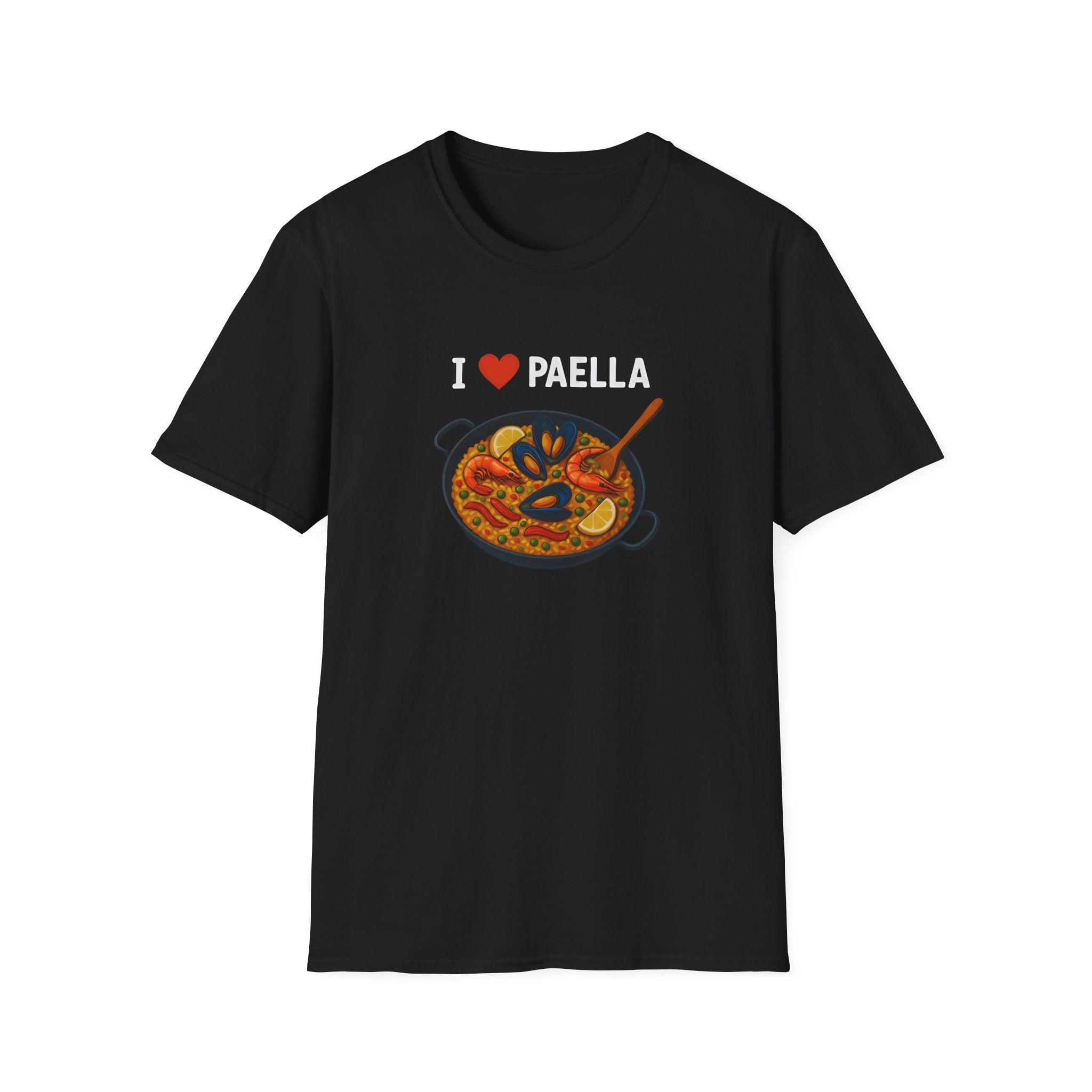 Black t-shirt with 'I ❤️ Paella' design on a white background