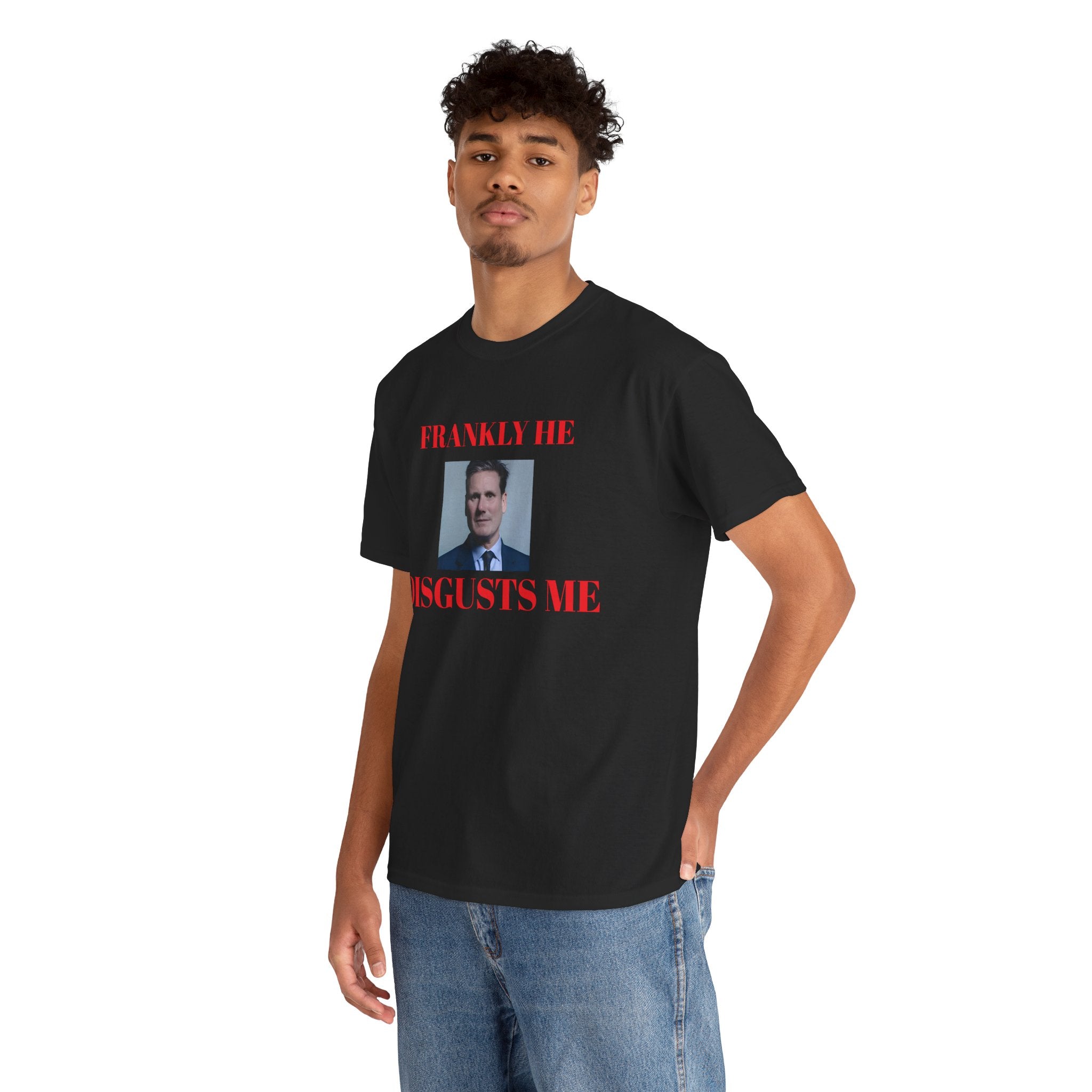 man wearing black t-shirt with a kier Starmer graphic and text, frankly he disgusts me on a white background